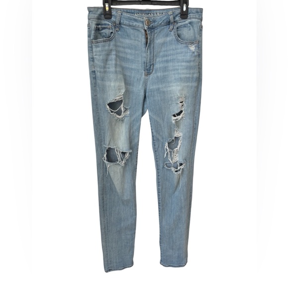 American Eagle High Rise Straight Jeans Women’s 14 X-Long Light Wash Distressed - Picture 2 of 11